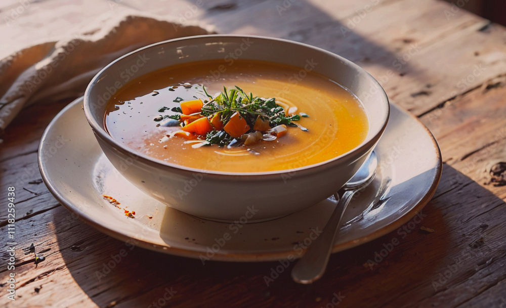 Aufkleber a bowl of soup with carrots and parsley on top sits on a wooden table. the bowl is white and the spo