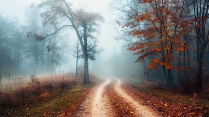 Obraz premium Misty autumnal forest path, winding road through fog-laden trees with vibrant fall foliage. A serene, mysterious scene.