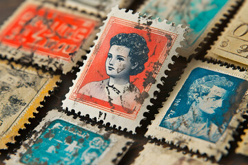 Obraz premium Close-up of various vintage postage stamps showing age and wear.