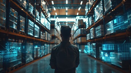 Warehouse, digital technology, man in industrial warehouse surrounded by shelves filled with goods visualized, representing modern logistics integration.using navigation system advanced e-commerce
