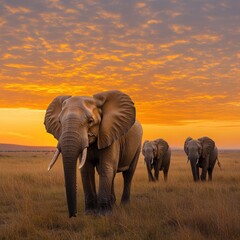 Obraz premium A majestic herd of elephants strolls gracefully across the savanna at sunset, showcasing their strength and beauty in harmony with nature.