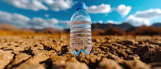 A clear water bottle sits on cracked, dry earth under a bright blue sky, symbolizing scarcity and the importance of water conservation.