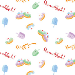 Festive Hanukkah seamless pattern with jelly donuts and colorful dreidels