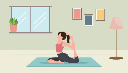 Vector illustration of a body positive woman doing yoga at home. Flat style exercising concept