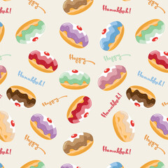 Seamless pattern of colorful jelly donuts with a Happy Hanukkah greeting