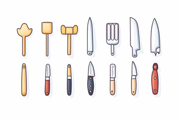 Collection of cartoon kitchen utensils and knives.