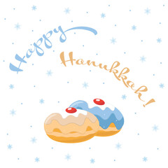 Happy Hanukkah greeting card with two colorful jelly donuts