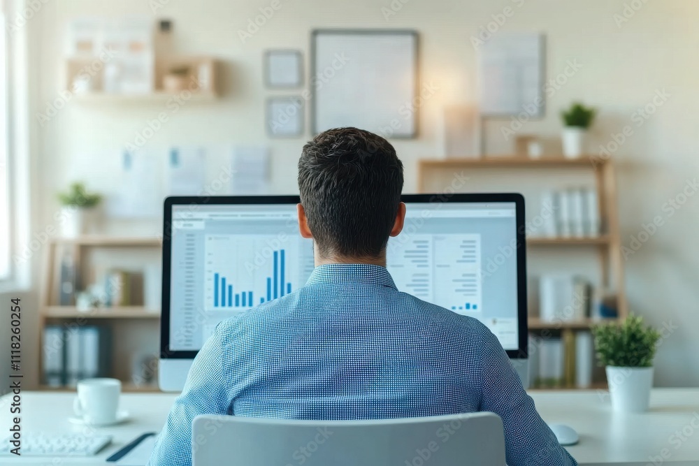 Aufkleber a man is analyzing data and statistics on a computer in a modern office, showcasing productivity and