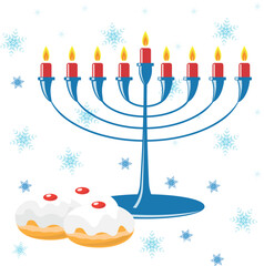 Blue traditional Hanukkiyah with two nine candles and frosted jelly donuts.
