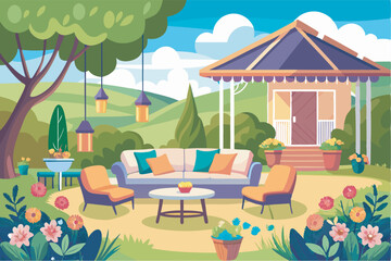 An illustrated garden scene with a cozy seating area, wooden gazebo, flowers, and potted plants under a cloudy sky evokes tranquility and relaxation.