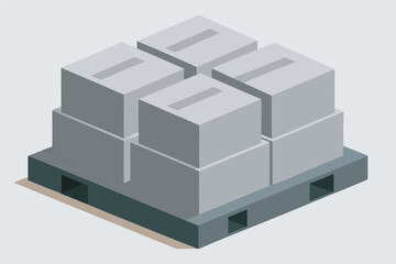 Image: black pallet with four white boxes in two rows, back box angled, front box offset right, against gray backdrop.