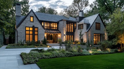 Obraz premium Luxurious stone house with landscaped yard at dusk.