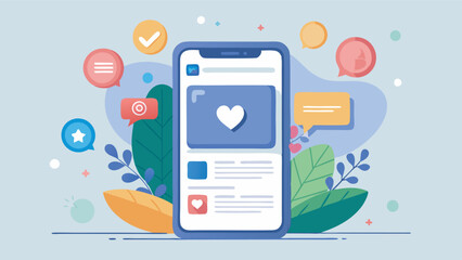 Illustration: purple-cased smartphone with social media interface showing heart symbol, colorful leaves, icons, speech bubbles. Interactive design with dynamic, vibrant theme.