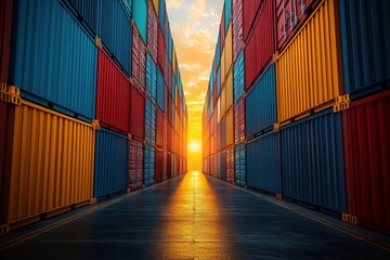 Fototapeta premium Colorful shipping containers form long rows at port. Sunrise light shines between containers creating pathway. International trade apparent in busy transport scene. Containers stacked high, represent