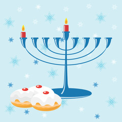 Blue traditional Hanukkiyah with two red candles and frosted jelly donuts.