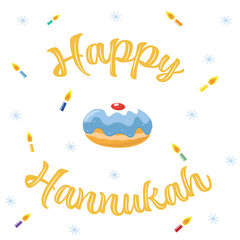 Happy Hanukkah greeting card with a traditional jelly donut and lit candles on a white background