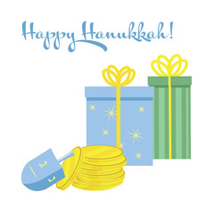 Happy Hanukkah greeting card with gift boxes, coins and traditional dreidels on a white background