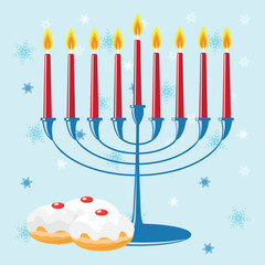 Festive Hannukah card with a traditional Hanukkiyah and nine red candles
