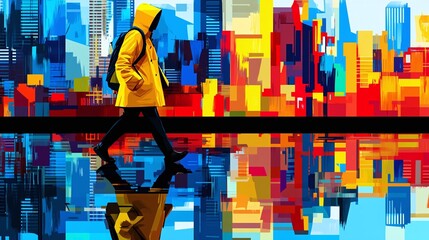Urban exploration individual in yellow raincoat reflecting on colorful cityscape modern environment artistic perspective