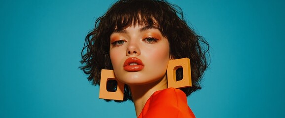 Woman with bold makeup and  statement earrings against a vibrant backdrop.