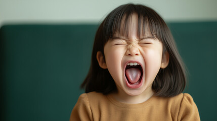 A young asian girl is screaming with her mouth open