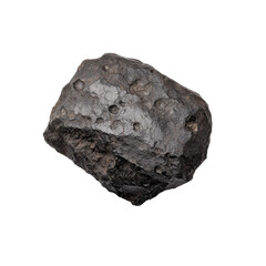 Obraz premium Dark textured meteorite rock sample with visible surface details and natural patterns. Perfect for geology, space science, and educational purposes. Isolated on transparent background, png.