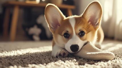 Adorable puppy chewing on a slipper with playful mood in cozy indoor setting