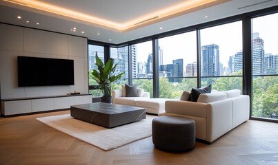 Modern living room with city view, white sofas, and large windows.