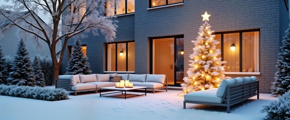 Luxury suburban home boasts snowy patio decked out for Christmas. Cozy outdoor furniture, like couches, lounge chairs, sits on snowy terrace. Decorated Christmas tree stands in middle of scene. House