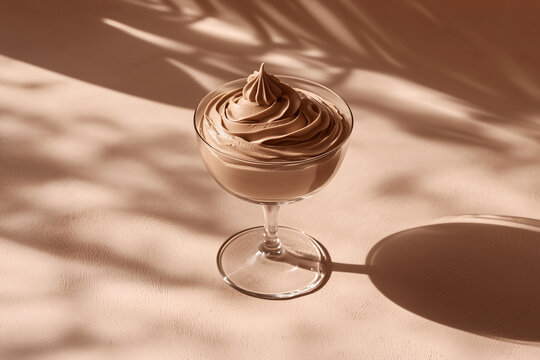 chocolate mousse served as a creamy swirl in a coupe glass muted mocha brown color on a muted mocha color background, 2025 color trend