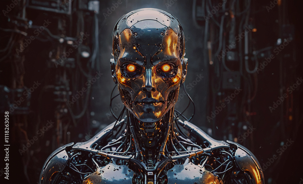 Aufkleber A robot with glowing eyes stands in front of a wall of wires. The robot's face is illuminated by a light source, creating a sense of mystery and intrigue. The image evokes a feeling of wonder