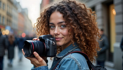 Curly-haired woman holds camera outdoors. Photographer in city street. Focused on capturing moment. Modern woman with passion for photos. Possible photojournalist freelancer. Lifestyle photo. Urban