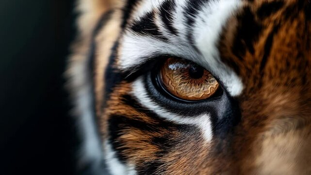 Close-up of a tiger's eye, showcasing intense detail in the iris and fur pattern with prominent black stripes and varying shades of orange and white fur.