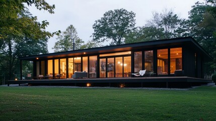 Fototapeta premium Modern black house with large windows and deck at dusk.