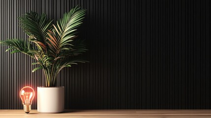 2025 Goals Setting With Vision And Strategy Concept. Indoor plant beside a glowing bulb on a wooden surface against a dark wall.