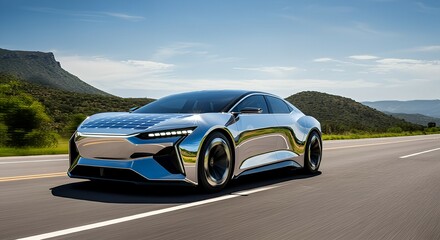 Fototapeta premium A futuristic car powered by renewable energy, surrounded by clean air and a green landscape