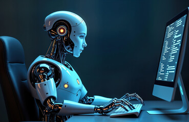 Futuristic robot sits at desk using computer. AI robot works on pc. Sci-fi illustration tech concept. Artificial intelligence, machine learning. Robot uses keyboard to type. Robot working in modern