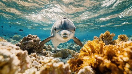 Dolphin swimming near coral reef.