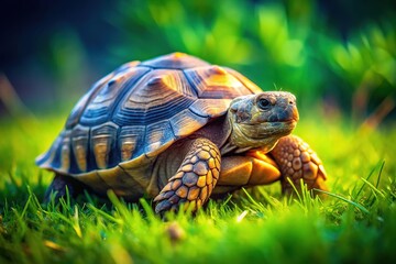 Obraz premium Tilt-Shift Tortoise in Lush Meadow - Natural Habitat
