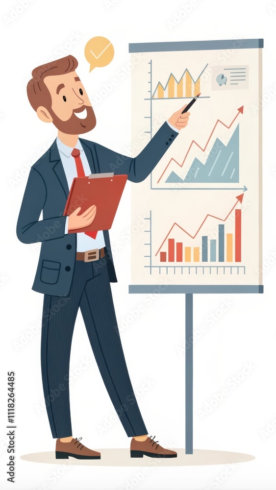 Poster businessman presents report with graphs and charts in professional setting. generative ai