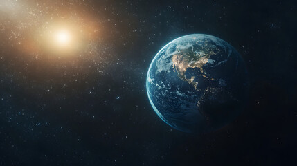 Obraz premium Blue planet viewed from space with sunlight illuminating the surface and stars in the background