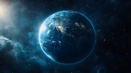 Planet Earth viewed from space showcasing vibrant blue colors and city lights at night