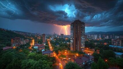Dramatic city skyline during a thunderstorm with lightning striking.