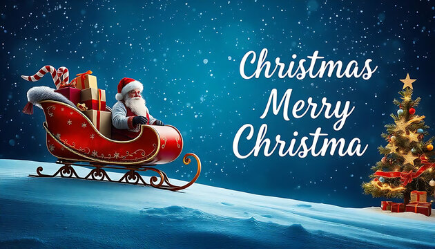 Merry Christmas card set santa sleight night tree greeting text lettering blue snowy night background vector.