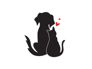 Cat and dog icon drawing outline. kitten, Pet icon symbol. puppy heart style, black silhouette  vector illustration.
