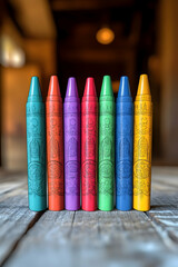 Colorful crayons arranged on a wooden surface.