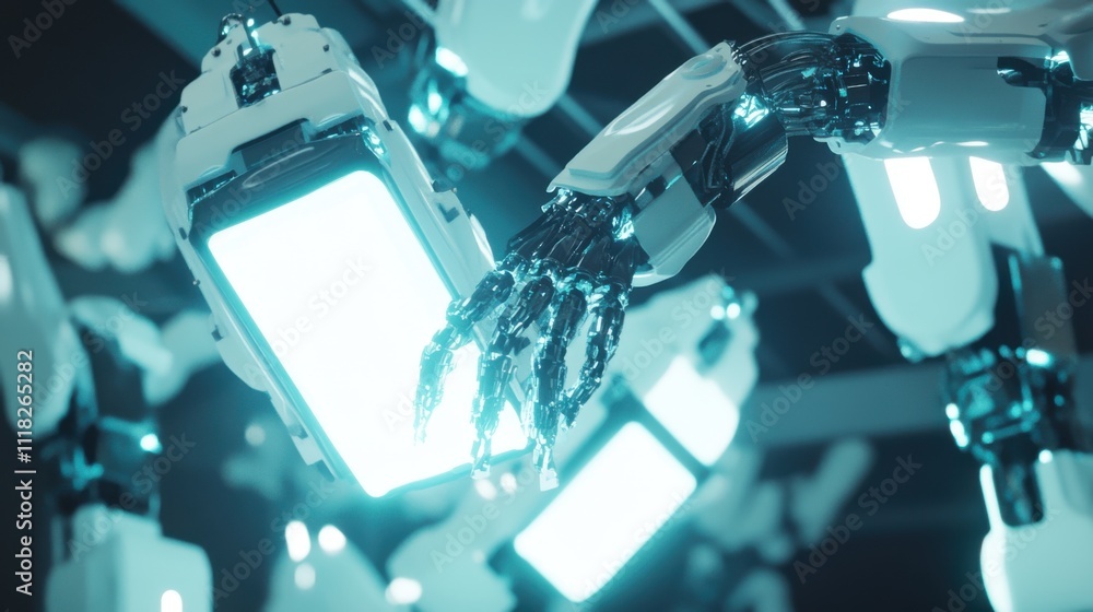 Poster white robotic arms are dynamically assembling electronic components in a cutting-edge manufacturing 