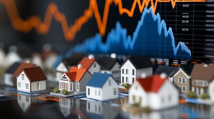 Analyzing real estate market trends with miniature houses and data charts