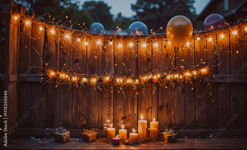 Poster a wooden fence is lit up with lights and balloons. the lights are arranged in a way that creates a f