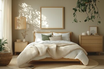 Beige Scandinavian bedroom mockup shows natural wood furniture. Empty room with comfortable bed, pillows. Natural light highlights wooden accents. Simple, modern interior design template. Beige,